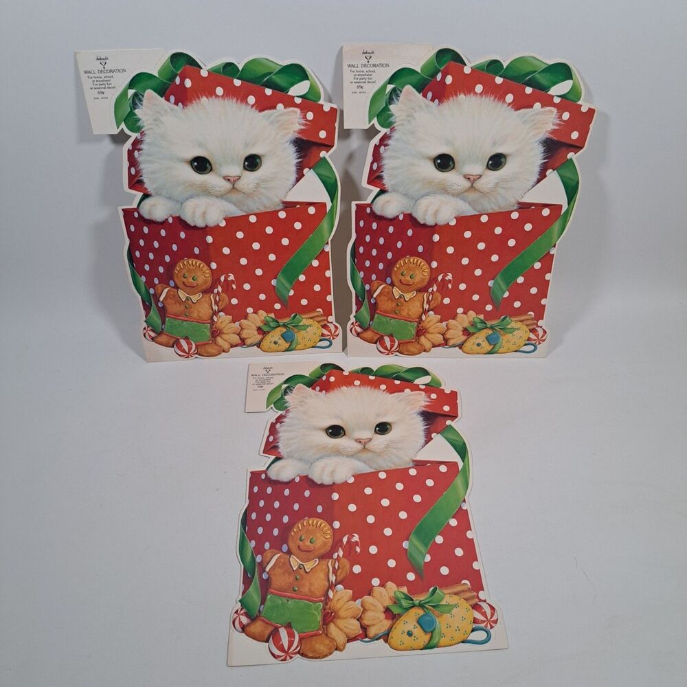 Lot 3 Springbok Hallmark Cards White Cat Cuddly Christmas Heavy Paper Decoration
